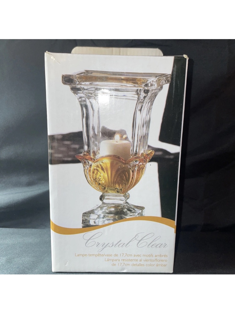 Crystal Clear 7” H Hurricane Vase/Candle Holder  With Amber Glass Accents